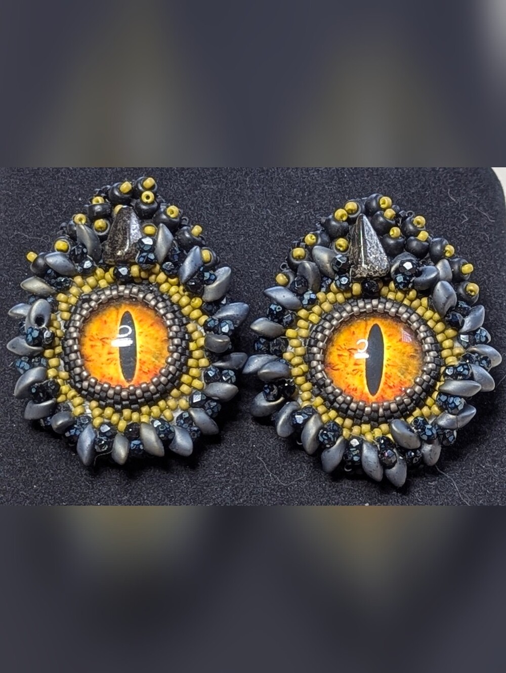 OOAK PrimalNeed Art Beaded Dragon Eye Earrings Statement Gothic Fantasy Talisman